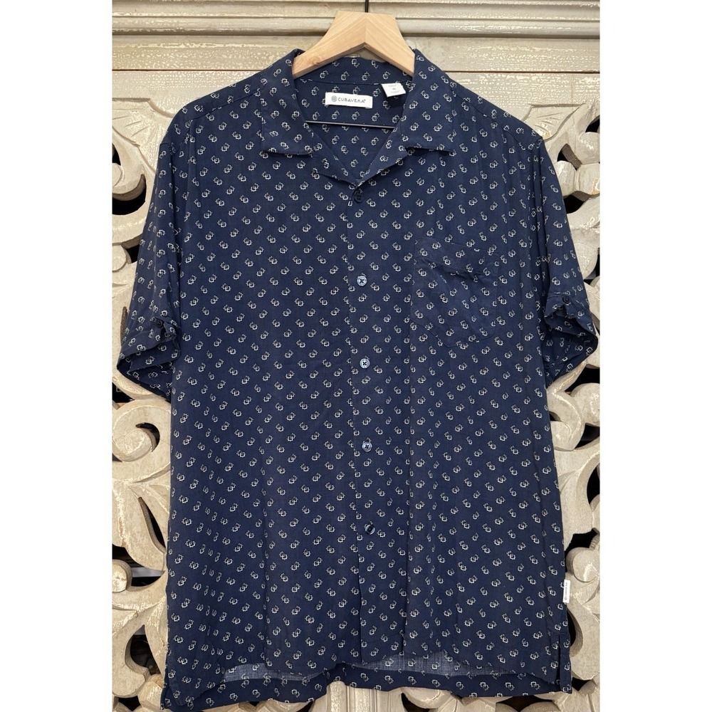 Cubavera Mens Large Blue Geometric Print Camp Shirt 100% Viscose Short Sleeve